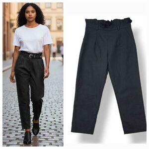 NEW High Rise Paperbag Ruffle Waist Woven Crop Pants in Black Size Large